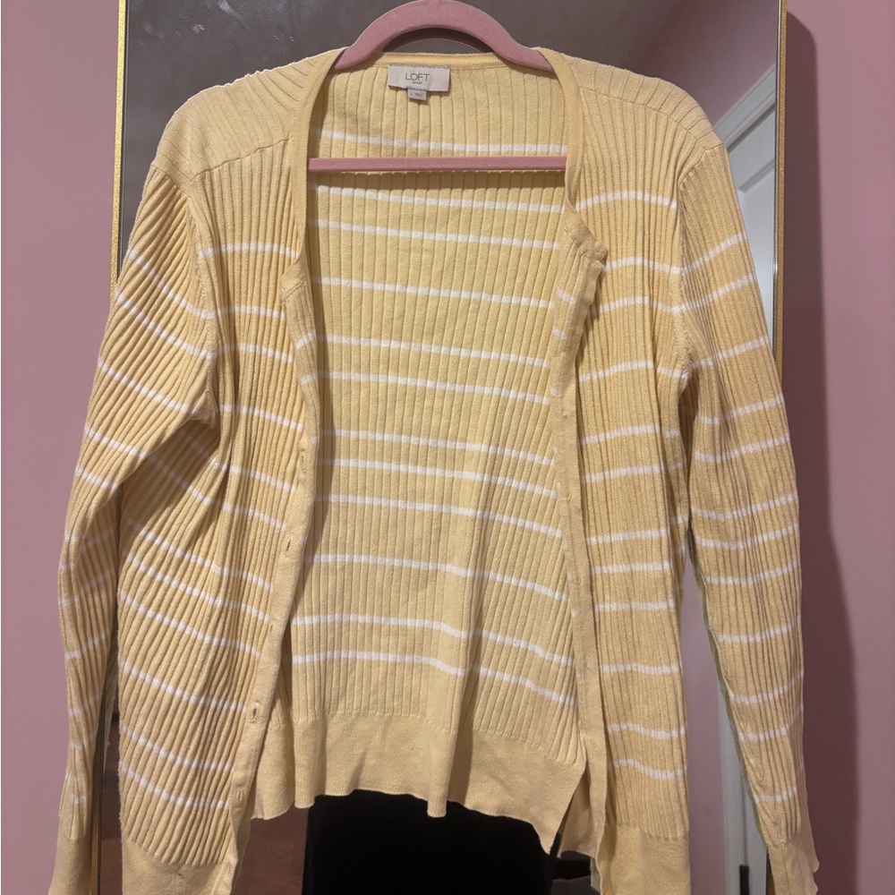 LOFT Soft Yellow and White Striped Cardigan